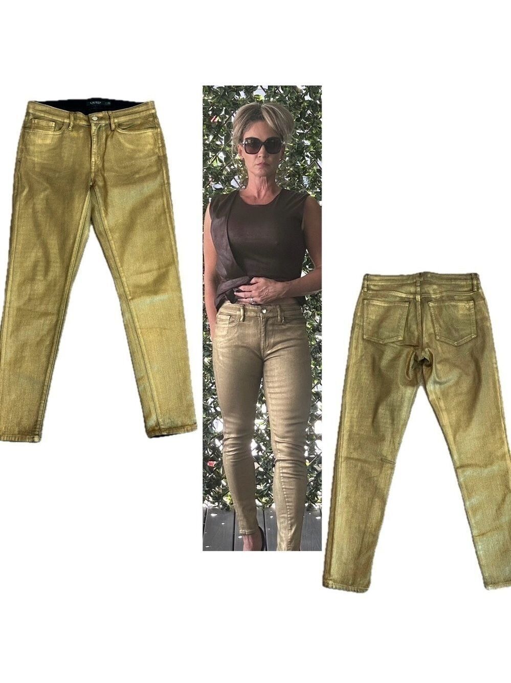Lauren Ralph Lauren Gold metallic foil stretchy slim fit skinny jeans Sz 8 NWOT